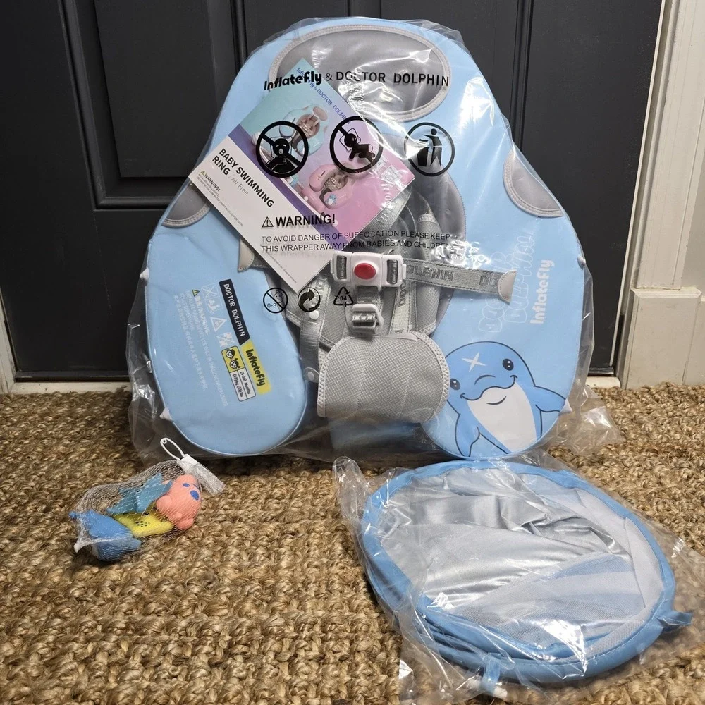 Doctor Dolphin Baby Swimming Ring Air-Free w/ Canopy & Safety Harness 3–24M NEW